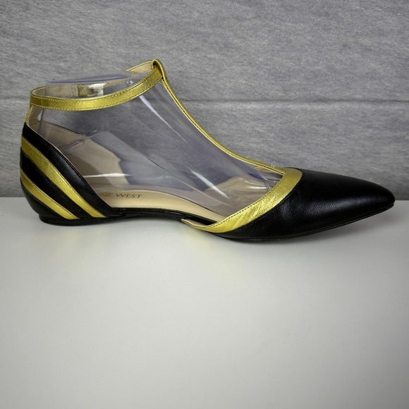 Nine West Black Gold Stripe T Strap Pointed Toe Ballet Flats Women's Size 8.5 - Picture 4 of 8